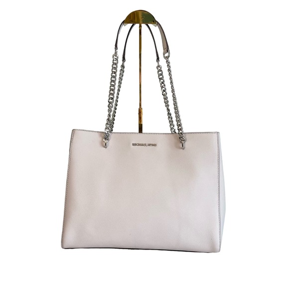MICHAEL KORS MK Womens Shoulder Tote Bag Chain Strap Pebbled Leather Taupe